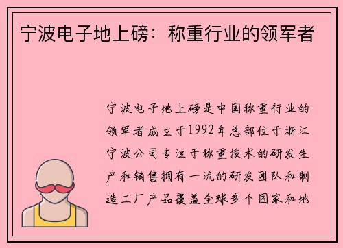宁波电子地上磅：称重行业的领军者